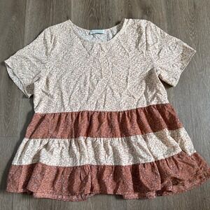 Paper Crane Womens Floral Tiered Babydoll Top Rust Cream Short Sleeve Large